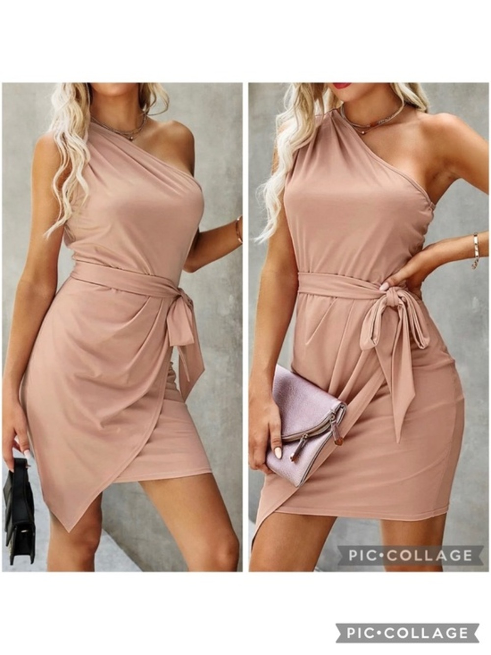 PrettyGarden Nude Blush One Shoulder Bodycon Asymmetrical Hem Mini Dress NWT L